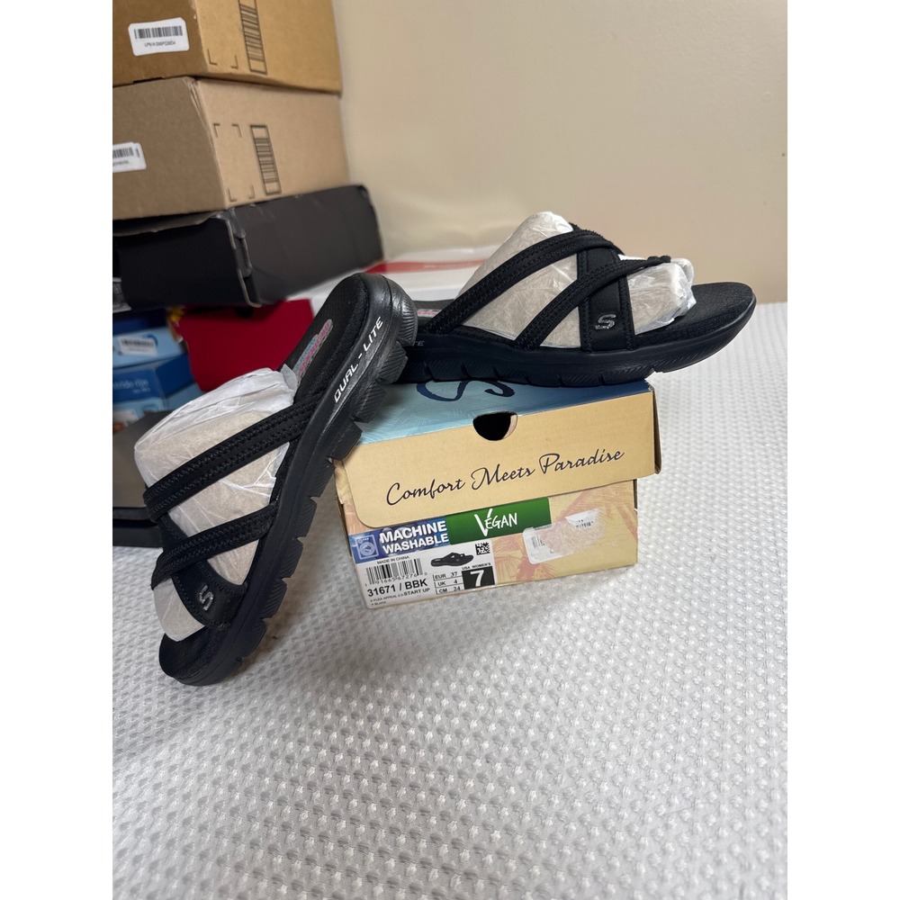 Skechers Sandals Women 7 Flex Appeal 2.0 Start Up Black Casual 31671/BBK NIB